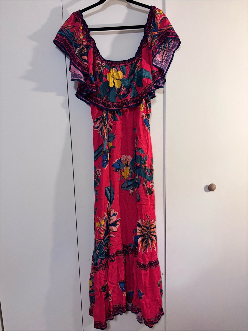 Vibrant Red Floral Off-Shoulder Maxi Dress in